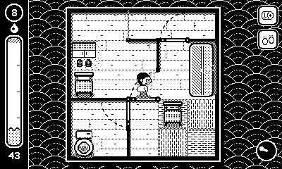 A multi-room stage with chairs, doors, a folded futon and tatami