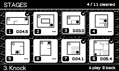 Stage select screen showing stage cards with best times