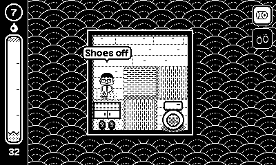 Ric at the shoe rack beside tatami mats; a bubble says Shoes off